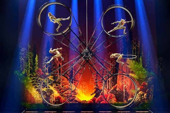 Des artistes de cirque font de l'acrobatie sur des anneaux suspendus.
